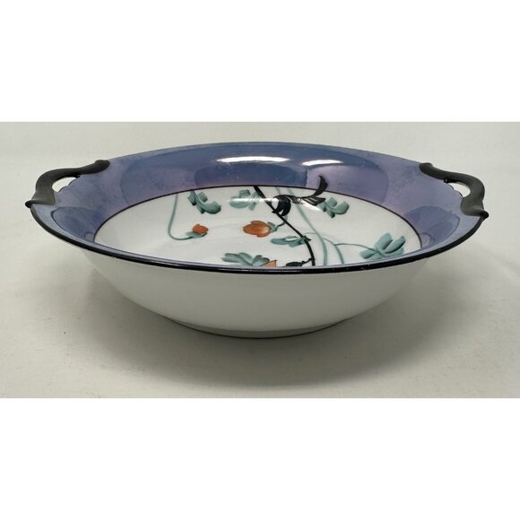 NORITAKE MORIMURA TWO HANDLED SERVING BOWL Floral Art Deco Blue Luster Ware - Picture 7 of 15